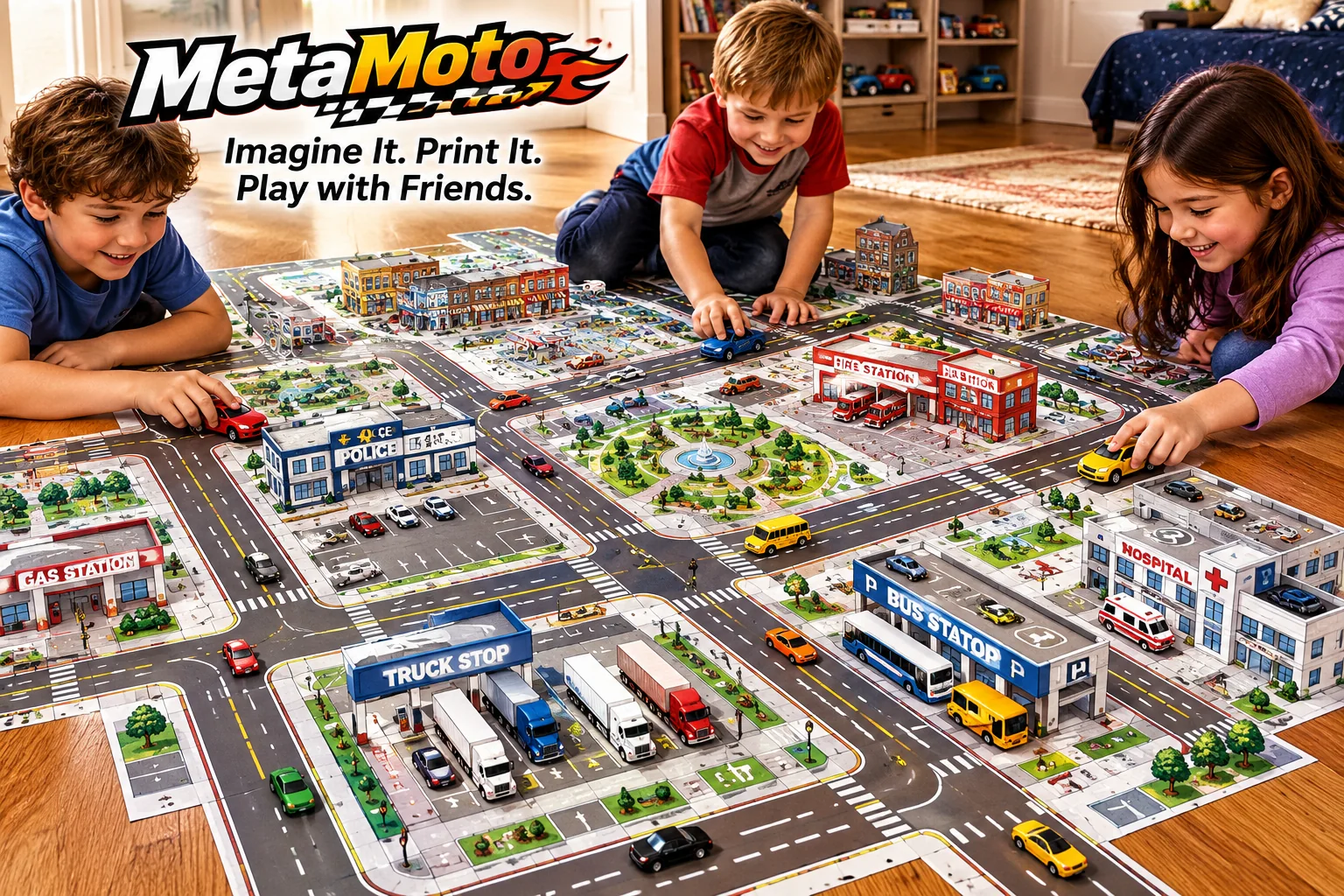 Children playing with toy cars in a colorful miniature paper city.