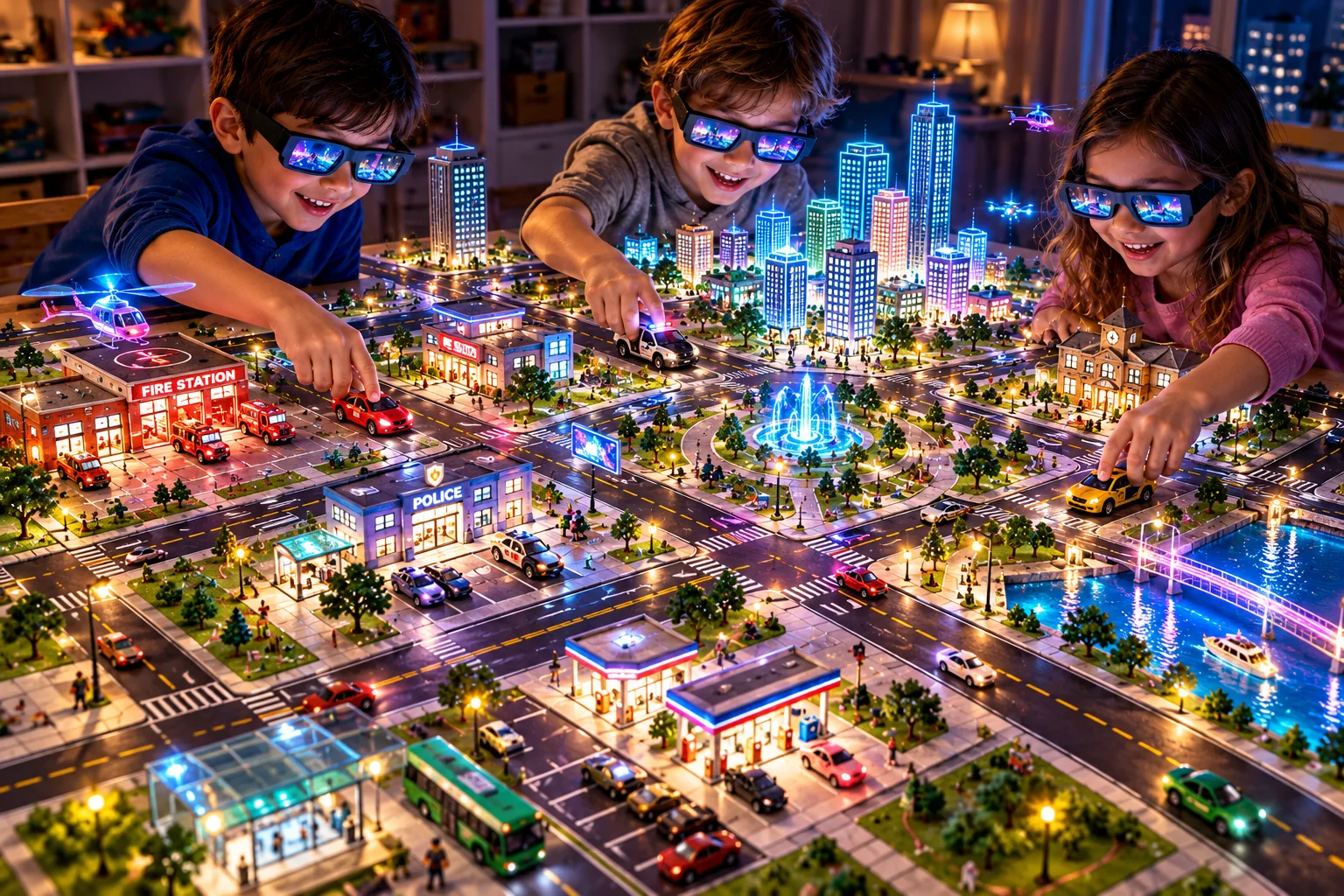 Concept art of children exploring a glowing toy-car city