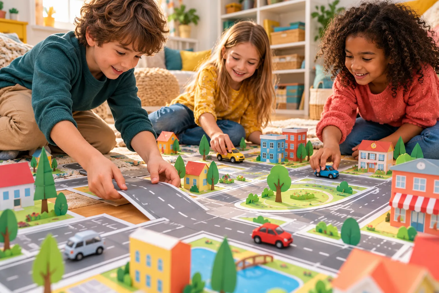 Children adding printed roads and driving toy cars through a colorful paper city.