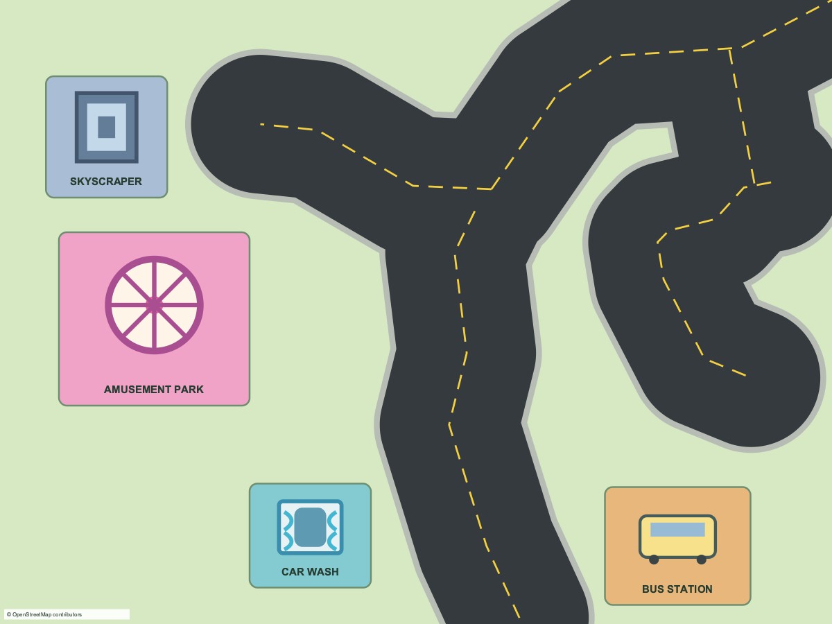 Measured street plan preview for Town with Bus Station, Car Wash, Amusement Park and Skyscraper
