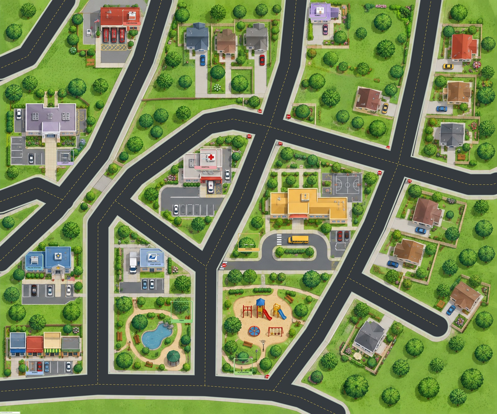 Preview of the latest illustrated 10-place town with roads, homes, shops, a school, fire station, police station, park, and playground